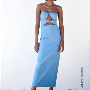 Zara Light Blue Cutout Halter Midi Dress